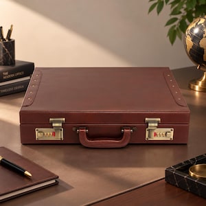 Puede incluir: Un maletín rectangular de cuero marrón con un asa central, dos cerraduras de combinación en tono latón con detalles en rojo y tachuelas decorativas en tono latón a lo largo de los bordes superiores. El maletín tiene un acabado liso.