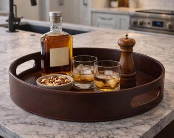 Bandeja redonda de cuero hecha a mano: elegante mesa de centro y bandeja para servir