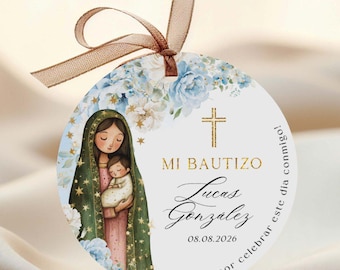 Blue Floral Bautizo Favor Tags Niño Virgen de Guadalupe Mi Bautizo Thank You Spanish EDITABLE Imprimible - 08