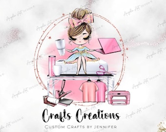 May include: A custom logo design featuring a cartoon girl sitting at a craft table with various crafting tools. The text "Crafts Creations" and "Custom Crafts by Jennifer" are below the image. The logo is on a white marble background.