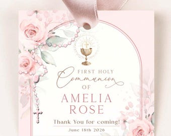 Pode incluir: Etiqueta de lembrancinha rosa e branca com um design floral e o texto "Primeira Comunhão de Amelia Rose" com a data "18 de junho de 2026" e as palavras "Obrigado por vir!"