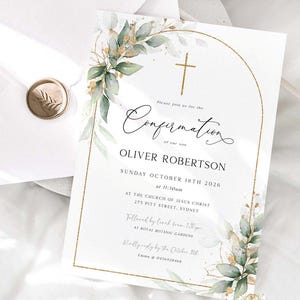 ROWAN - Golden Arch Greenery Confirmation Boy Invitation Template, EDITABLE Printable Green Gold Invite