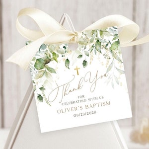 AVERY - Greenery Gold Baptism Favor Tags Template Editable Green Eucalyptus Baptism Gift Tags Printable Thank you tag Boy Girl Baptism Tags