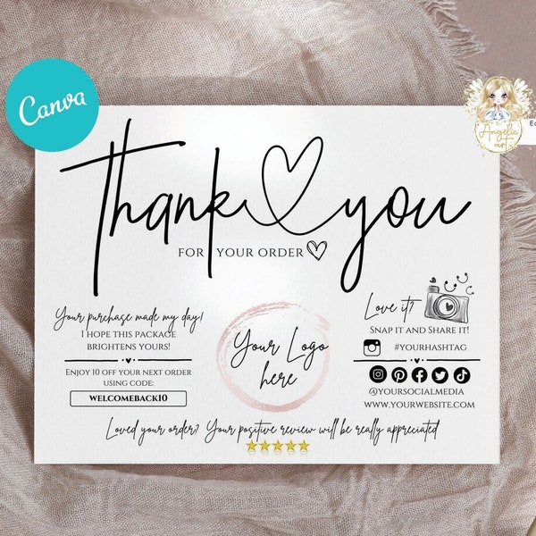 CANVA Editable SIMPLE Business Thank You Insert card Template, Modern Simple CANVA Insert Card, Packaging Thank You For Your Order Add Logo