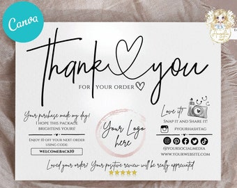 May include: A white thank you card with black text that says "Thank you for your order." The card has a pink watercolor design with the words "Your Logo Here." The card also includes social media icons and the text "Love it, Snap it and share it! #yourhashtag".