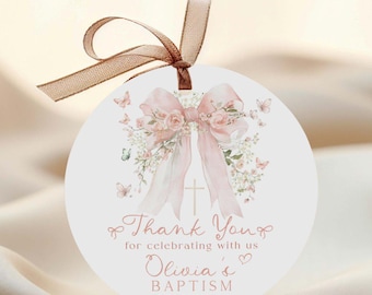 IVY - Pink Floral Bow Baby Breath Butterfly Baptism Favor Thank You Tags Template, Editable Printable