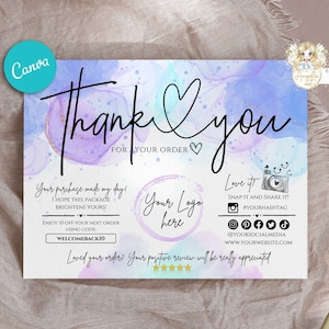 Editable in CANVA Pastel Business Thank You Insert card Template Modern Purple Blue CANVA Insert Card Packaging Thank You For Your Order