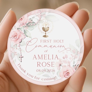 AMELIA - 2x2'' Blush Pink First Holy Communion Favor Tags Template EDITABLE Printable Baptism Round Favor Tags Communion Thank you tags Girl