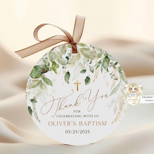 AVERY - Greenery Gold Round Baptism Favor Tags Template Editable Printable Green Baptism Gift Tags Thank you tag Boy Girl Baptism Tags