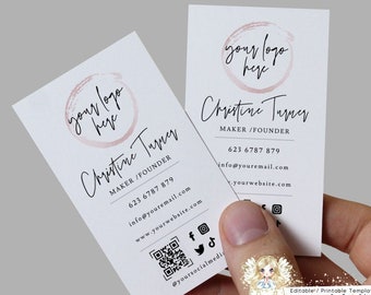 Vertical Business Card Template, Simple Minimalist Business DIY card, Editable Printable, Add LOGO / QR code