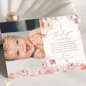 MILA - Floral Pink Gold Photo Baptism Thank You Card Template EDITABLE Printable Blush Floral Arch Baptism Photo Thank You Card Girl