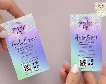 ELF - Vertical Business Card, Editable Printable Business Card Template, Holographic Glitter Purple Business Card Design, DIY Business Card