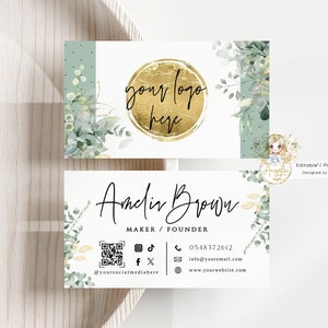 EUCALYPTUS1 Greenery Gold Business Card Template Sage Watercolor Modern Eucalyptus Cartão de visita editável para impressão ADICIONE seu LOGOTIPO comercial