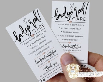 Badge Reel Care Instructions Template, EDITABLE Simple Badge Reel Packaging Care Card, Printable Acrylic Care Card