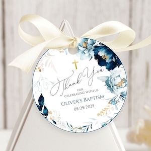 LIAM - Blue Gold Floral Baptism Favor Tags Template, Editable Navy Baptism Round Favor Tags, Printable Thank you tags Boy Baptism Gift Tags