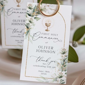WHITE LILY Greenery Gold First Holy Communion Gift Tag Template St JOSEPH First Communion Favor Tag Boy Editable Printable Thank you tags