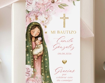 Spanish Mi Bautizo Favor Tags Niña, Pink Peonies Floral Virgen de Guadalupe Bautizo Gift Tag, EDITABLE - 11