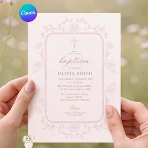 CANVA Editable PINK Floral Frame Baptism Invitation Template, Printable Girl Simple Christening Invite