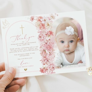 MILA - Editable Floral Pink Gold Photo Baptism Thank You Card Template Printable Blush Floral Arch Baptism Photo Thank You Card Girl