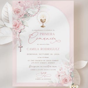AMELIA: Blush Pink Invitación Primera Comunión Niña Flores Primera Communie-uitnodiging in het Spaans Florístico Comunión BEWERKBAAR Imprimible