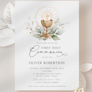 Editable First Holy Communion Invite Greenery Gold First COMMUNION Invitation Template Boy EDITABLE Printable Green Gold Communion 009 ROWAN