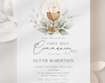 LEO - Editable Greenery Gold First COMMUNION Invitation Template, Editable Printable - 009 ROWAN