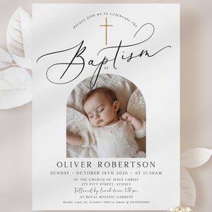 Editable Printable Modern Photo Baptism Invitation Template Modern Simple Baptism Boy Girl Arch Photo Invite template - 025