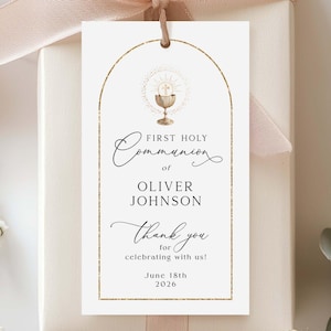 CLASSIC Editable First Holy COMMUNION Favor Tag Template: Modern Golden Arch Printable Thank you tag