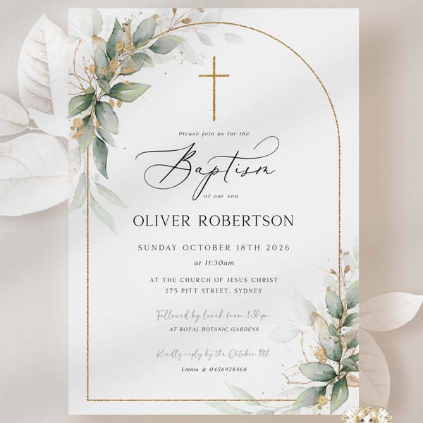 ROWAN - Golden Arch Greenery Gold Baptism Boy Invitation Template, EDITABLE Printable Christening Invite