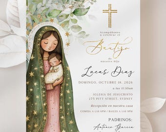 May include: A baptism invitation card featuring an illustration of the Virgin Mary holding a baby, with a gold cross and text in Spanish. The card has a green and gold color scheme with floral accents.