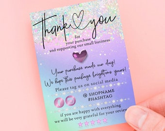 ELF - GLITTER Pastel Thank You For Your Order Card Template 3x4 Small Business Online Business Etsy Seller Editable Thank You Packaging