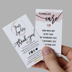 ROSY - Plantilla editable de tarjeta de inserción para pequeñas empresas de doble cara - Añadir LOGO - Cuidado del vaso de agradecimiento Rosegold - Embalaje empresarial imprimible