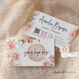 Floral Blush Pink Business Card Template, Add LOGO Editable Pink Gold Business Card, DIY Business Card, Modern Printable Business Stationery
