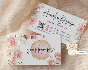 Plantilla de tarjeta de presentación floral rosa ruborizado, logotipo editable (imprimible)