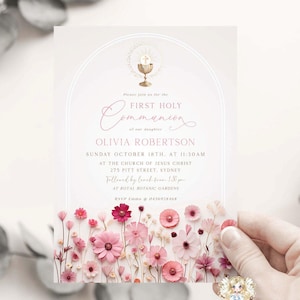 Pressed Dried Flowers First Holy COMMUNION Invitation Template Girl EDITABLE Printable Communion Baptism Christening Pink Floral Invite