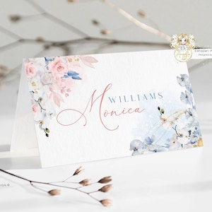 ALEXIS - Modelo de cartões de lugar de orquídea azul rosa blush, planos e dobrados em tenda, cartões de lugar para chá de batismo de gêmeos imprimíveis EDITÁVEIS