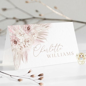 LUNA - Modelos de cartões de lugar florais Boho Bege Blush Rosa Plana e Tenda Dobrada Placecards EDITÁVEIS para impressão Boho Casamento Batismo Cartões de Chuveiro