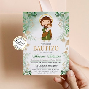 Bautizo Invitation | Bautizo Niño, San José Invitacione De bautizo - Greenery Baptism Invitation Boy Spanish - EDITABLE - Para IMPRIMIR