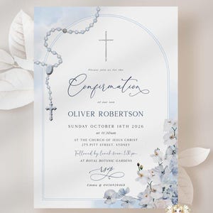 Editable Floral Blue ORCHID Confirmation Boy Invite Sky Blue White Orchid Rosary Confirmation Invitation Template Boy Printable Invite OR05