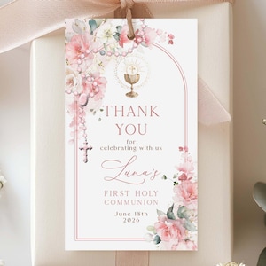 ISABEL - Editable Blush Pink Floral First Holy Communion Favor Gift Tags Template Pink First Communion Printable Girl Thank you Gift tags
