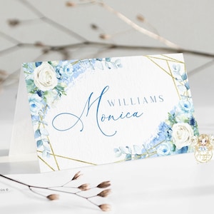 ST PAUL - Modelos de cartões de lugar florais em ouro azul, planos e dobrados em tenda, casamento para impressão, batismo, cartões de chuveiro, cartões editáveis