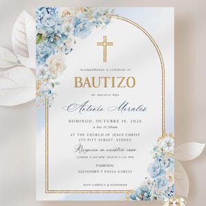 EDITABLE Invitaciones Bautizo Niño Azul Dorado Invitación de Bautizo imprimible Blue Gold Baptism Invitation Boy in Spanish Bautizo Invite