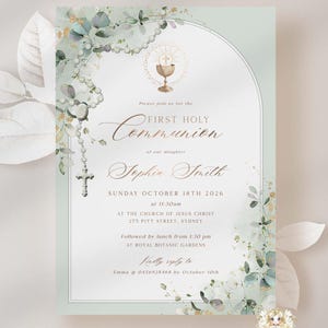 SAGE Green Eucalyptus First Holy Communion Invite Greenery Gold Eucalyptus COMMUNION Invitation Template Boy Girl EDITABLE Printable Invite