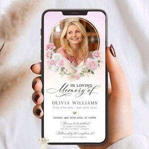 Pink Roses Floral Elegant Funeral Invitation Announcement Template, Digital In Loving Memory Evite (Editable)