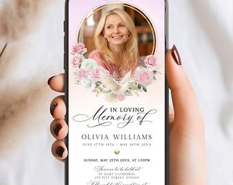 Pink Roses Floral Elegant Funeral Invitation Announcement Template, Digital In Loving Memory Evite (Editable)