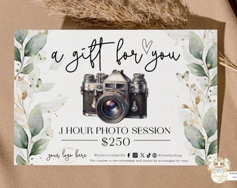 Sjabloon fotografiecadeaubon, bewerkbare afdrukbare cadeaubon cadeaubon fotosessie