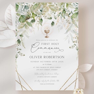 AVERY - Greenery Gold Modello di invito per la prima COMUNIONE per ragazzo MODIFICABILE Stampabile Verde Oro Prima Comunione Battesimo Cornice Arco Dorato Invito