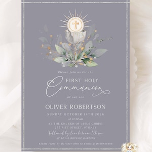 Editable COOL GRAY Silver Gold First Holy Communion Boy Invite Blue Green Gold Silver COMMUNION Invitation Template Boy Printable Invite 009