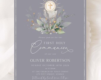 Editable COOL GRAY Silver Gold First Holy Communion Boy Invite Blue Green Gold Silver COMMUNION Invitation Template Boy Printable Invite 009