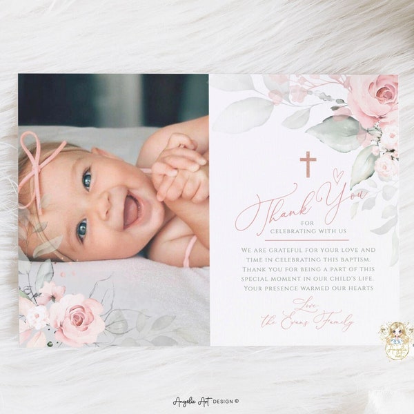 DÉLICAT - Modèle de carte de remerciement pour le baptême d'une fille rose et verte avec une carte de remerciement photo florale pour fille de baptême MODifiable imprimable